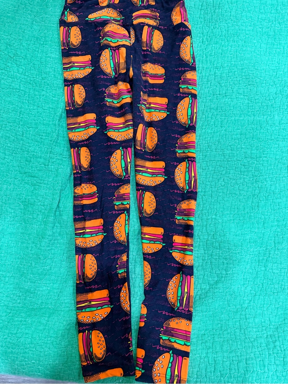 LuLaRoe Navy Leggings with Orange & Pink Burger Print